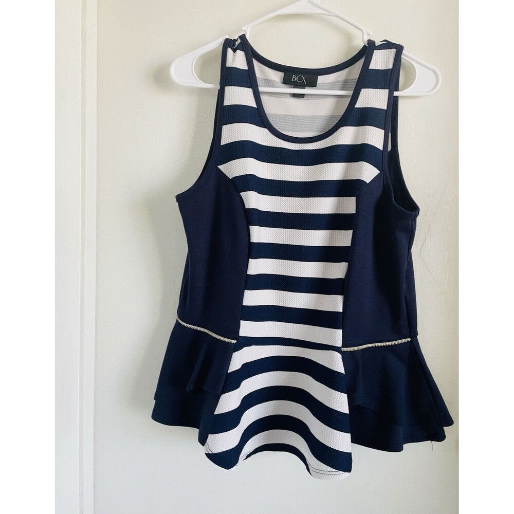 BCX Women's XL Navy White Striped Scoop Neck Sleeveless Peplum Tank Top